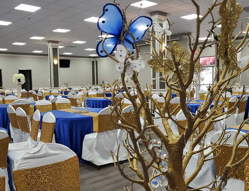 unique ballroom event center party hall with decorations for birthday celebration