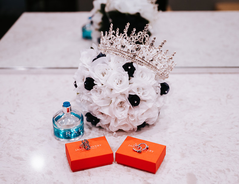 Ballroom with quinceañera dress display
