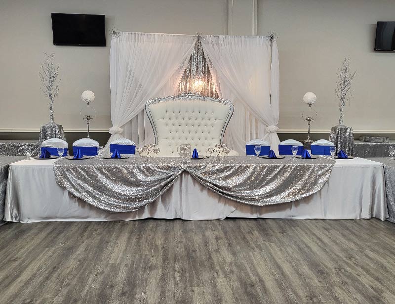  lucky ballroom event center with throne and decorations for quinceanera birthday party