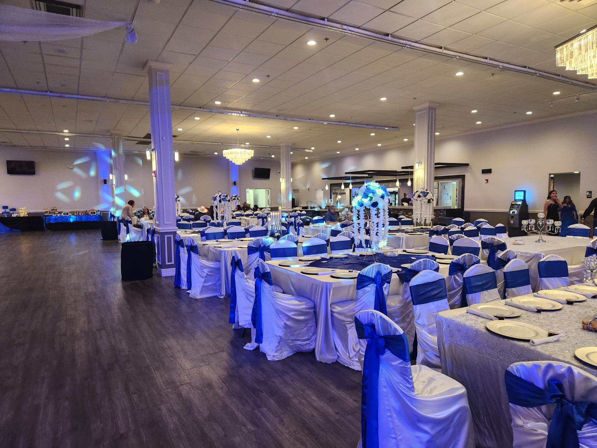 Wedding party room decorated with flowers