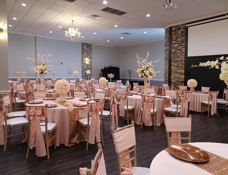 marquis ballroom wedding venue decoration packages with flowers and chandelier