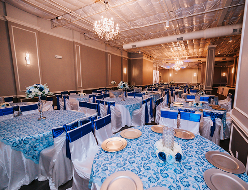 Ballroom in San Antonio Crown Jewel. Full view of party venue and event space.